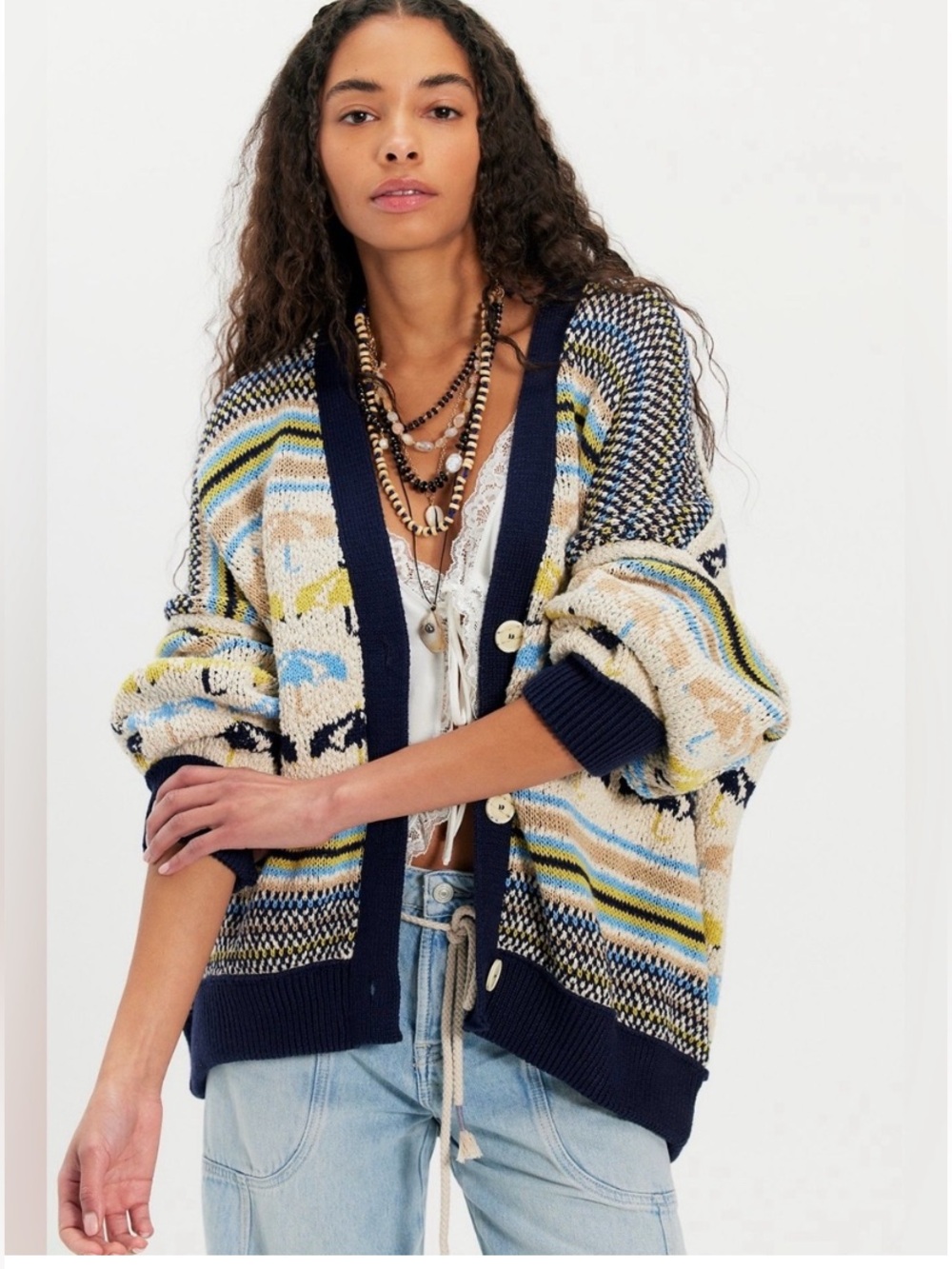 Free People Umbrella Day Cardigan NWT Navy Blue  Yellow Ivory